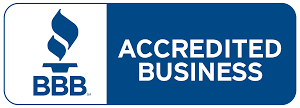 BBB Accredited Business logo with blue flame icon and white text on blue background