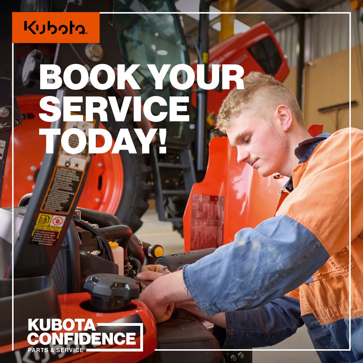 Kubota mechanic servicing orange tractor with “Book your service today” and “Kubota Confidence” text — Ken Mills Machinery in Kingaroy, QLD