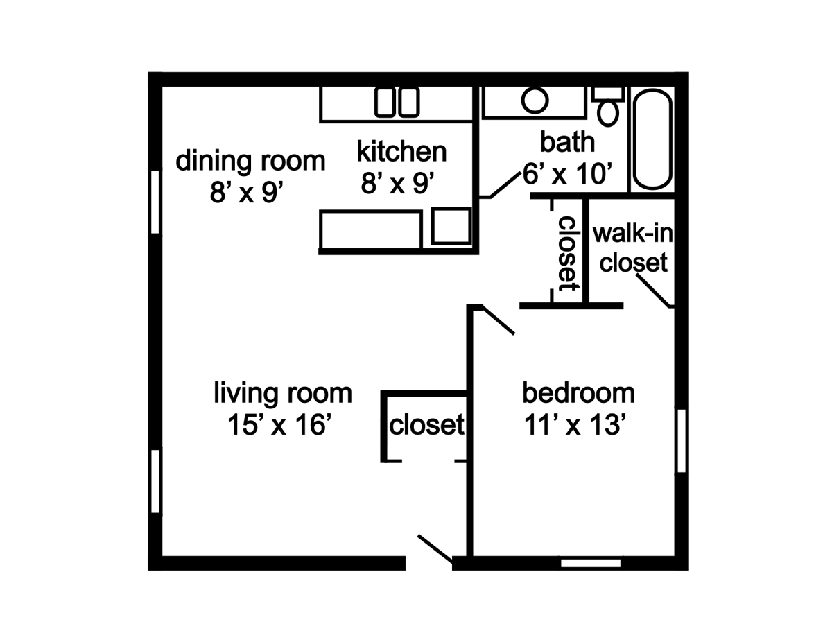 Floor plan of a one-bedroom apartment with labeled rooms: living room, dining room, kitchen, bath, bedroom, and closets.