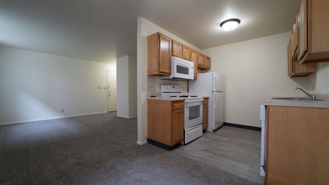 Kitchen with light wood cabinets, white appliances, and a connected living area with carpet.
