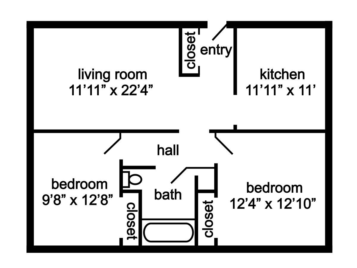 Floor plan of a two-bedroom apartment with living room, kitchen, bathroom, and closets.