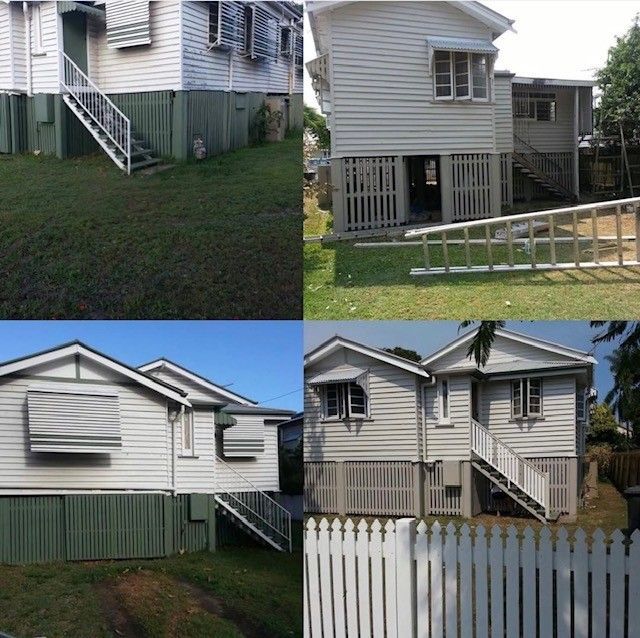 Collage of a house on stilts with green fencing, stairs, and a white picket fence in a suburban yard