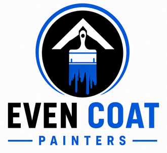 Even Coat Painters logo with black and blue house-and-paintbrush icon and text