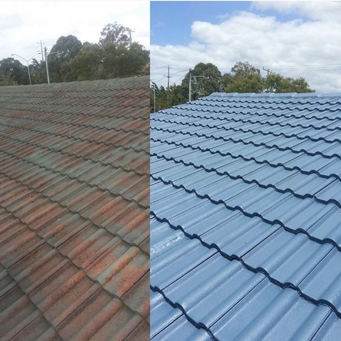 Before-and-after view of a roof: weathered red tiles on the left, freshly painted blue tiles on the right.