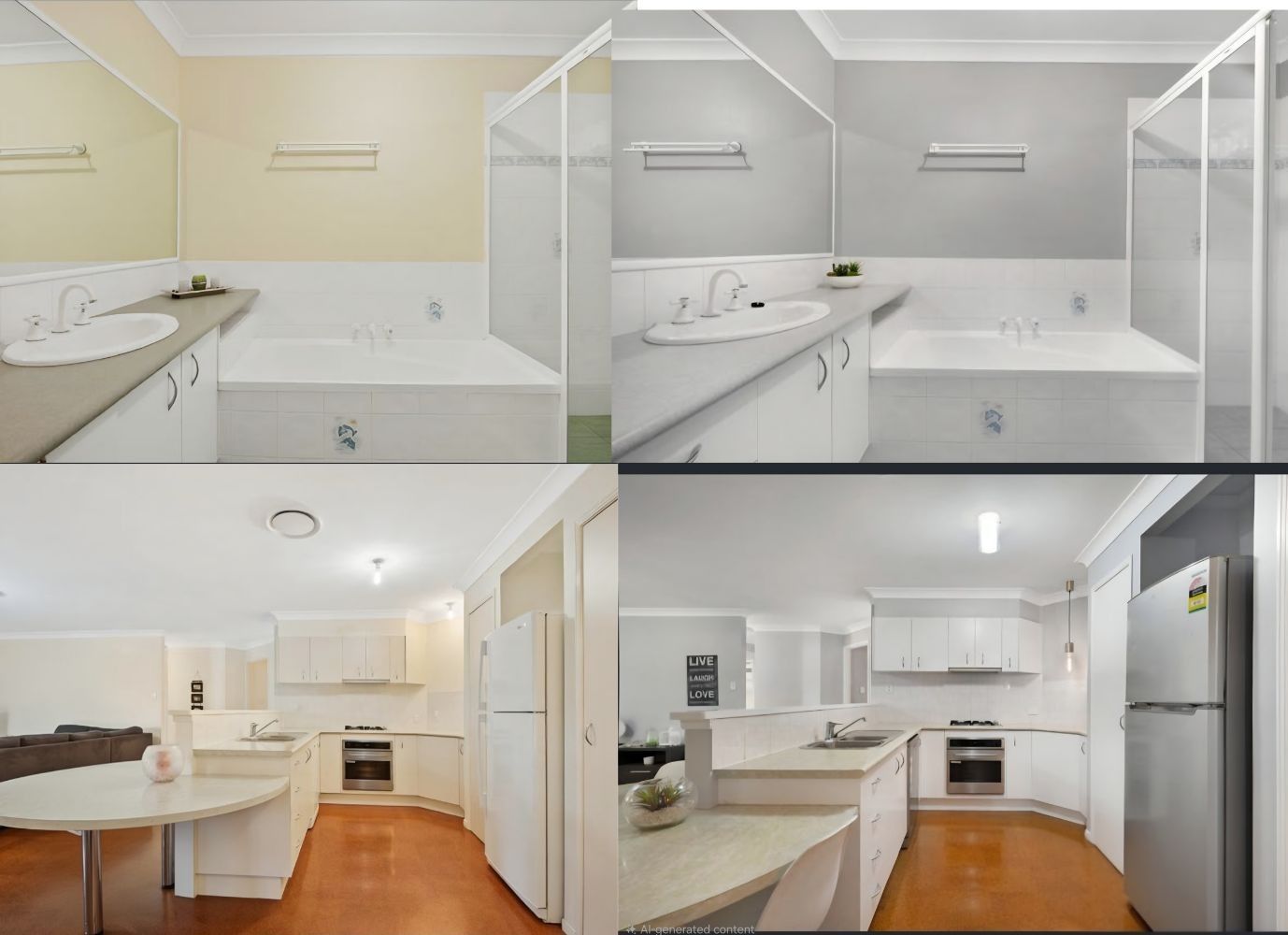 Empty apartment kitchen and living area with white cabinets, wood floors, and a bedroom view