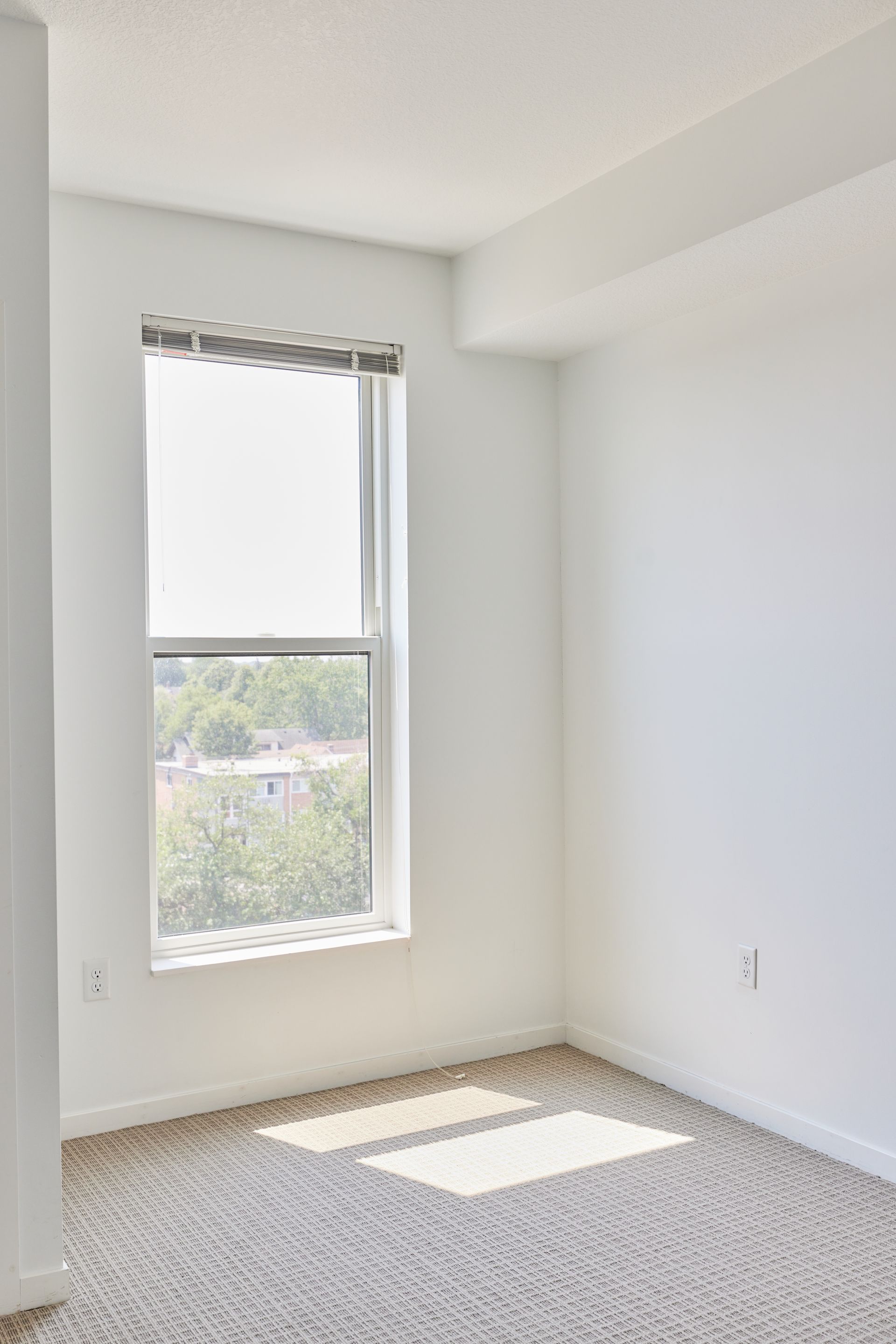 Empty, bright room with a window. White walls, tan carpet, natural light at Southsider Apartments in Minneapolis, MN.