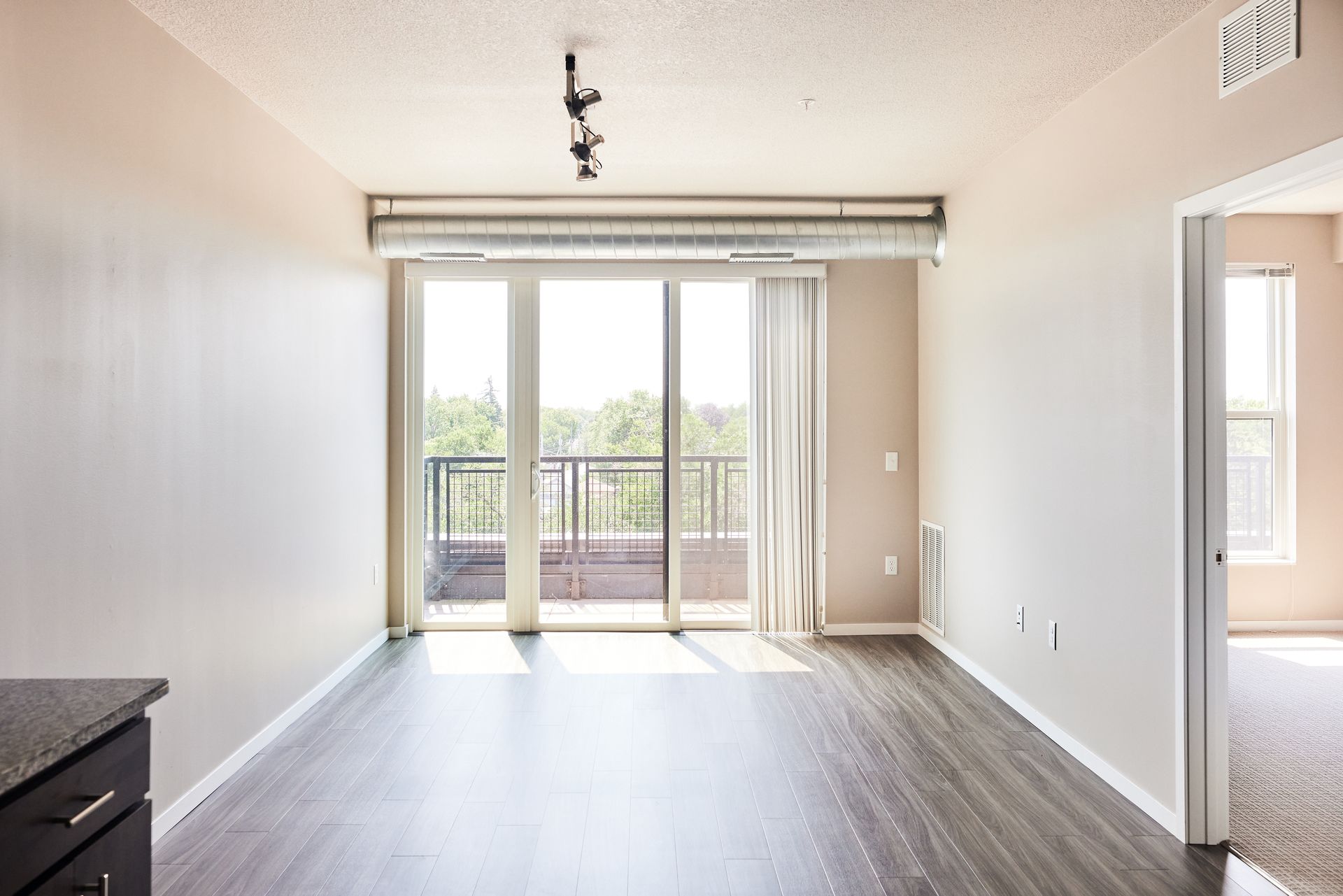Empty living room with dark wood floor and balcony access at Southsider Apartments in Minneapolis, MN.