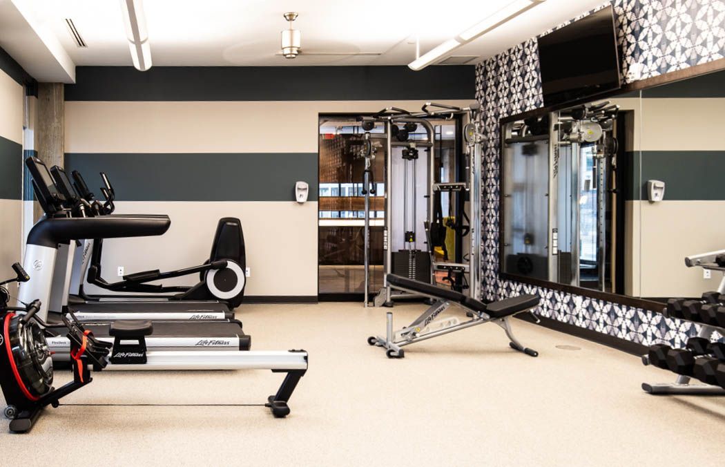 Gym interior with exercise equipment: treadmill, elliptical, rowing machine, weights at Southsider Apartments in Minneapolis, MN.