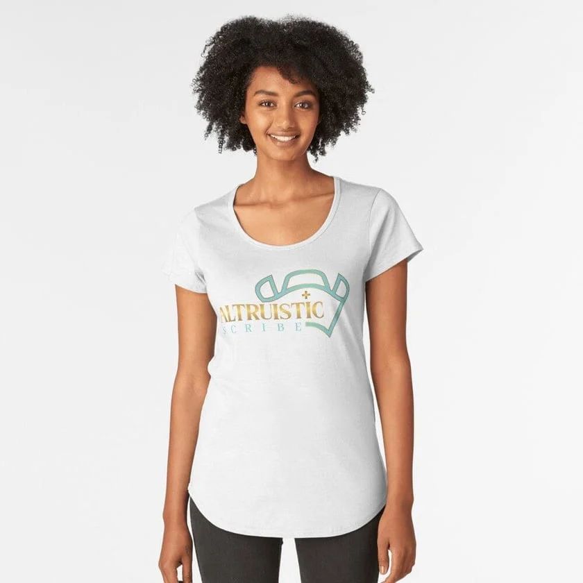 Woman modeling a white graphic T-shirt with teal and gold lettering on a plain background