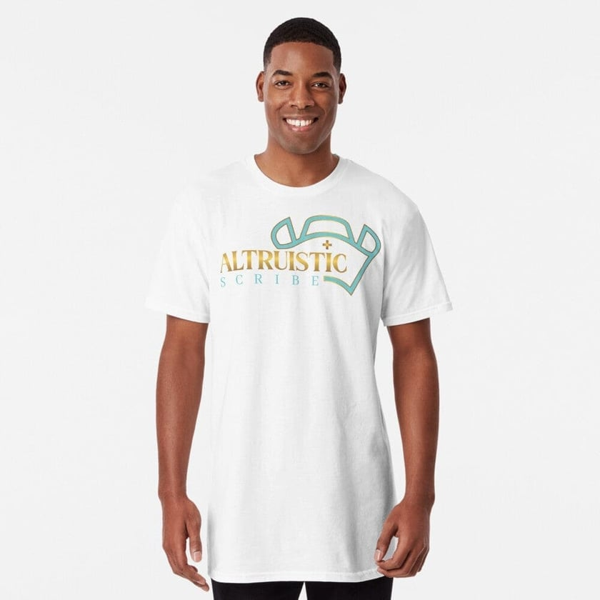 Smiling man wearing a white T-shirt with “Altruistic” logo on a white background