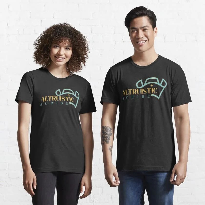 Two models in black Altrustic shirts standing against a white brick wall