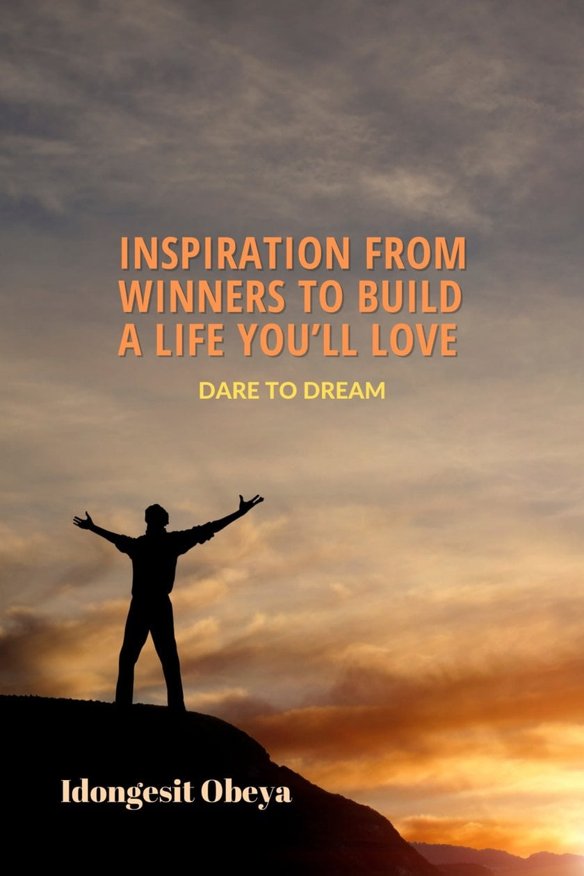 Silhouette with arms raised at sunset under text, “Inspiration from winners to build a life you’ll love.”