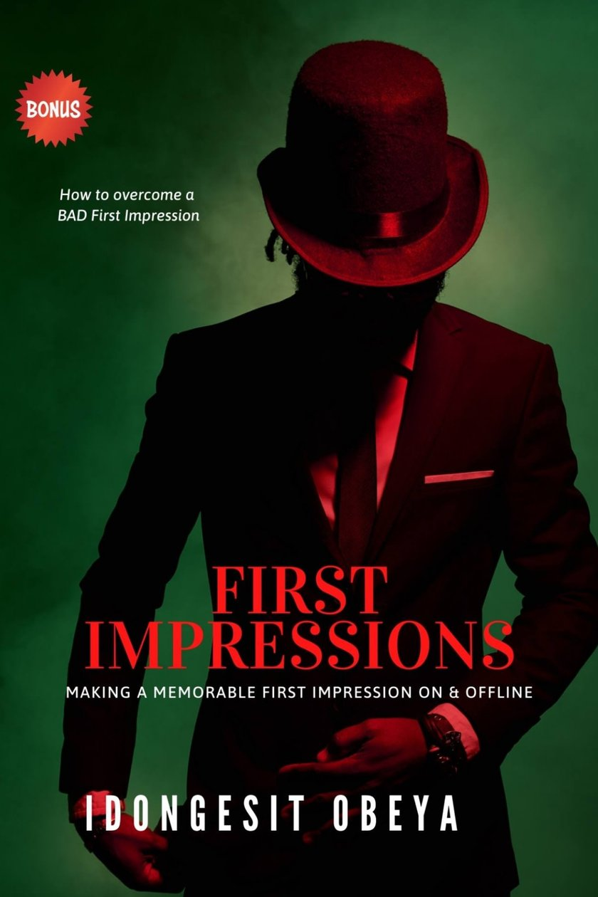 Red-suited figure in a dark hat on a green background, with “First Impressions” and “Tongesit Obeya” text.