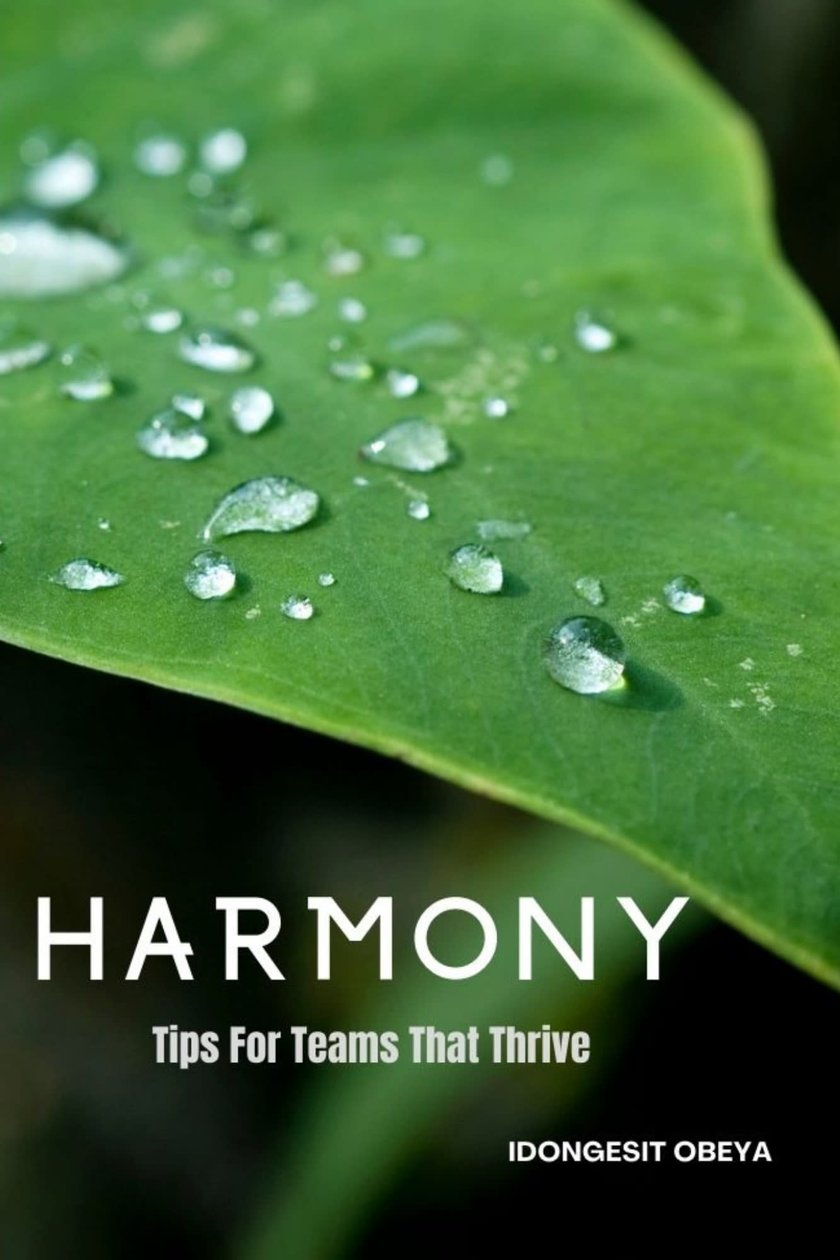 Green leaf with water droplets and the title “HARMONY: Tips For Teams That Thrive”