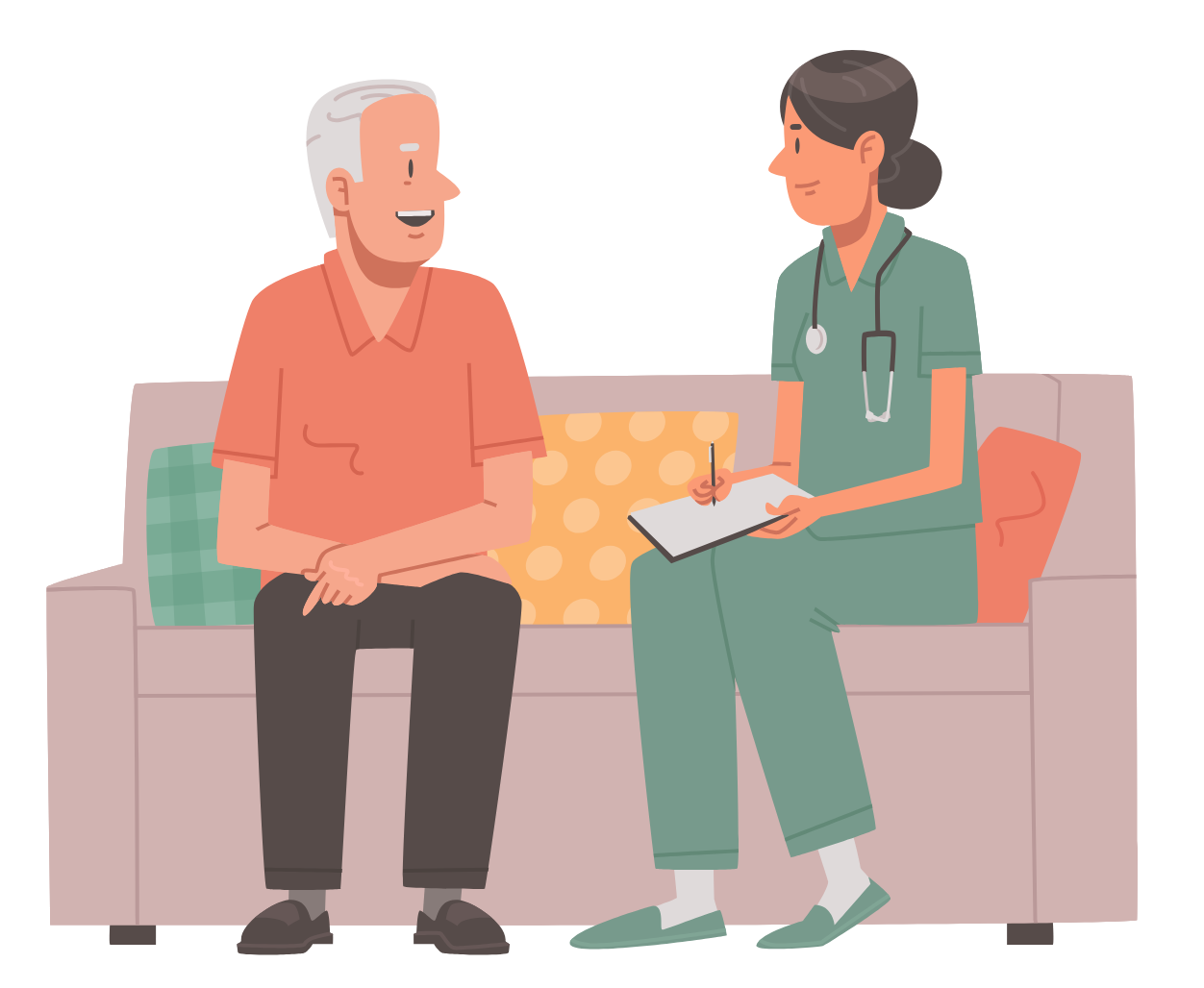 Doctor in green scrubs talks with a seated patient on a couch, holding a clipboard.