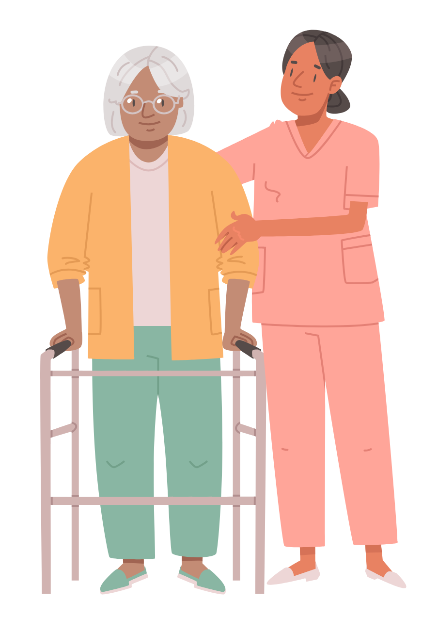 Two caregivers standing with an elderly person using a walker, in soft pastel colors.