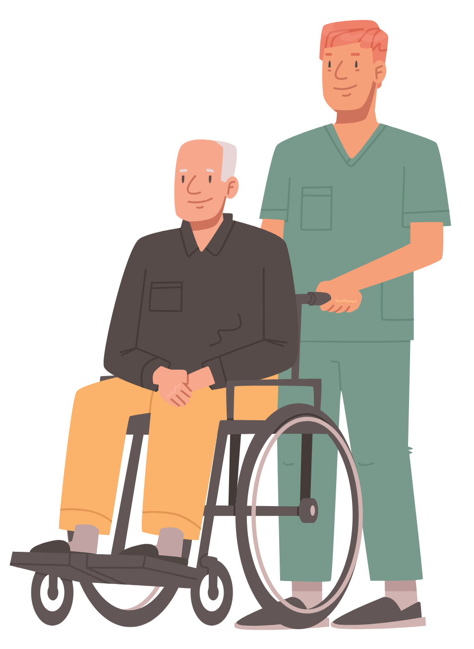 Standing man in green scrubs pushing an elderly man in a wheelchair