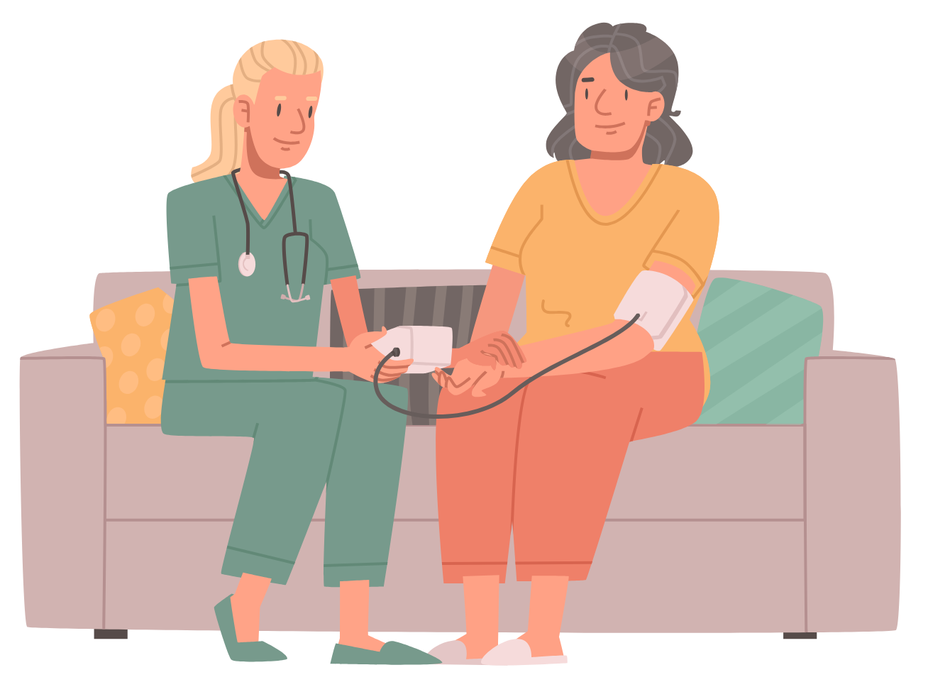 Nurse checks a seated patient’s blood pressure on a couch in a home setting.