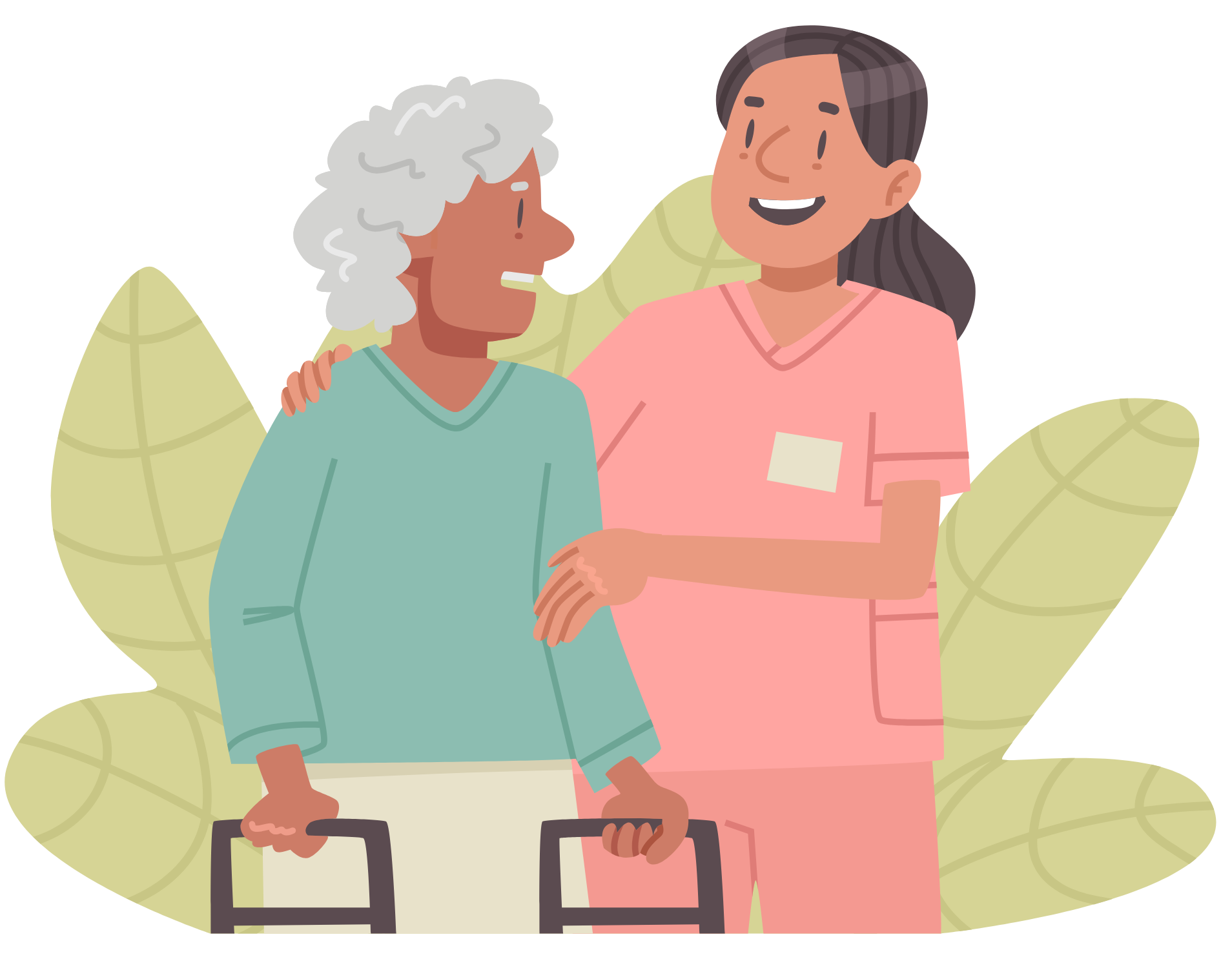 Two people smiling and walking together with canes in front of leafy plants