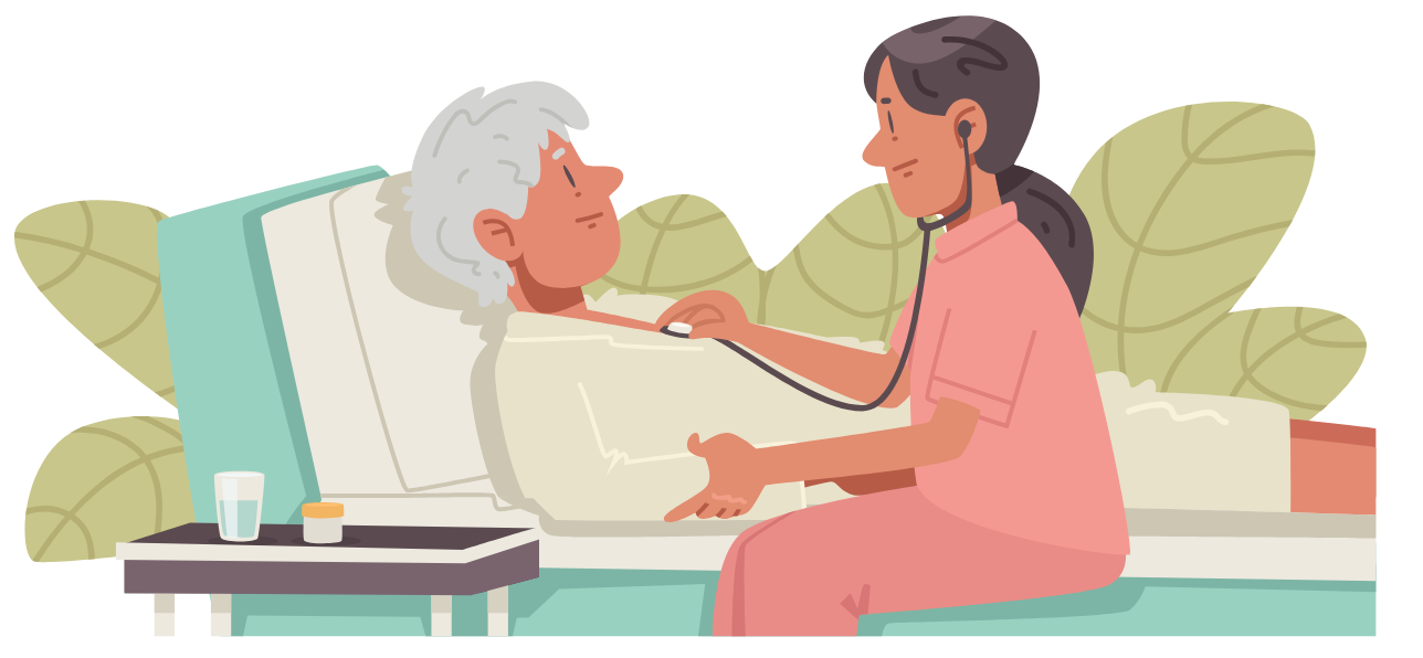 Caregiver gently checks an elderly patient in a hospital bed, with flowers and a tray nearby.