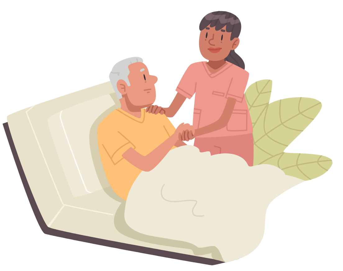 Caregiver gently holding hands with an elderly person resting in bed, with a soft blanket and leaf background.