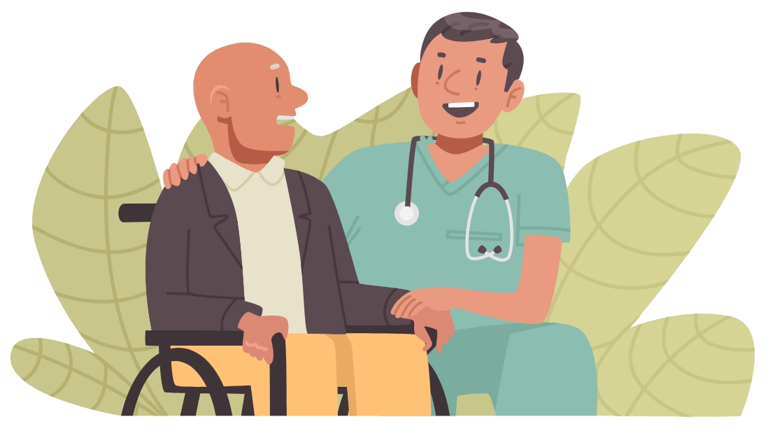 Healthcare worker smiling beside a wheelchair user, with green leaves in the background.
