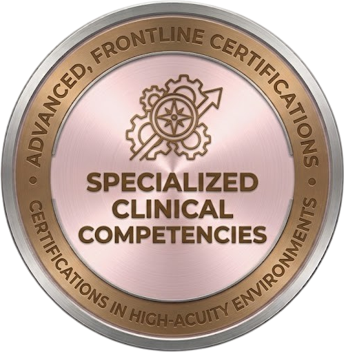 Specialized Clinical Competencies certification seal in bronze and gray with medical gear icon