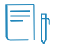 A blue line-art icon of a notepad with a pen positioned next to it.