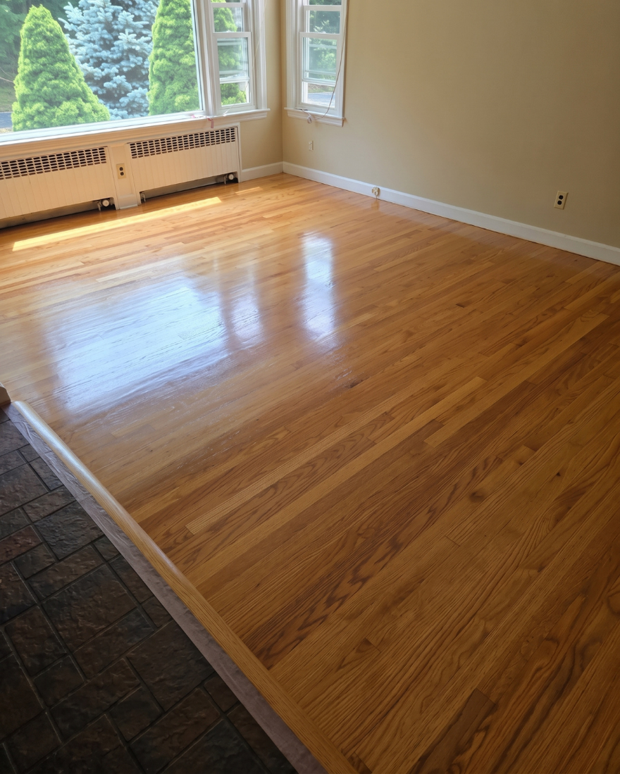 Empty sunlit room with polished hardwood floors and large windows, reflected light on the floor