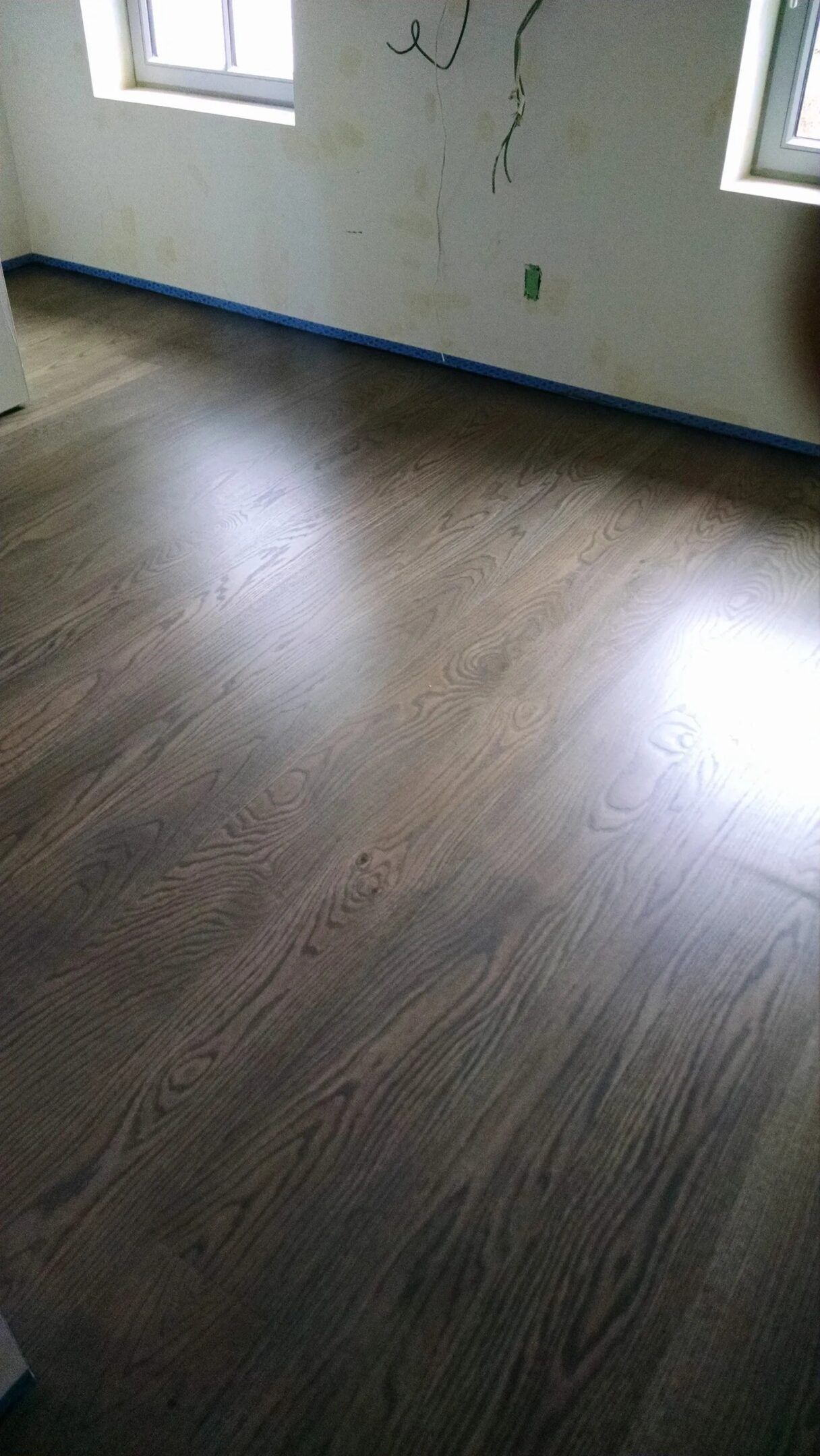 Empty room with dark wood flooring, white walls, and two windows letting in daylight.