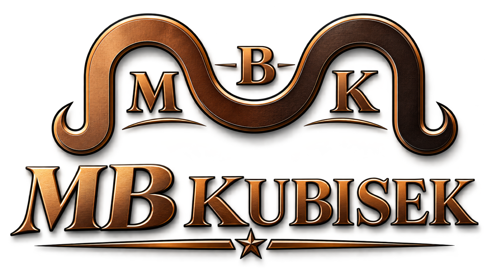 Brown and gold MB Kubisek logo with stylized initials and flowing ribbon design
