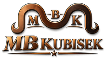 Brown and gold MB Kubisek logo with stylized initials and flowing ribbon design