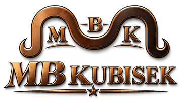 Brown and gold MB Kubisek logo with stylized initials and flowing ribbon design
