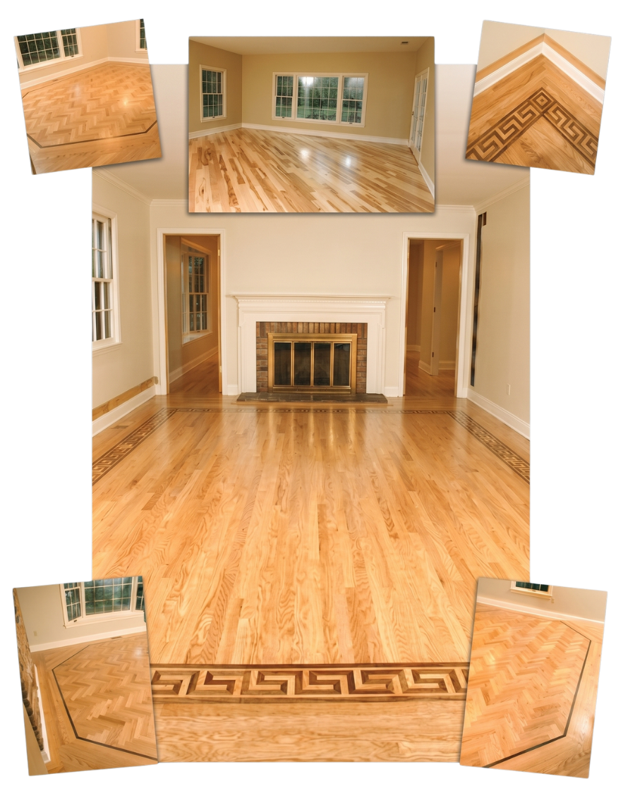 Empty living room with hardwood floors, fireplace, and decorative border trim details
