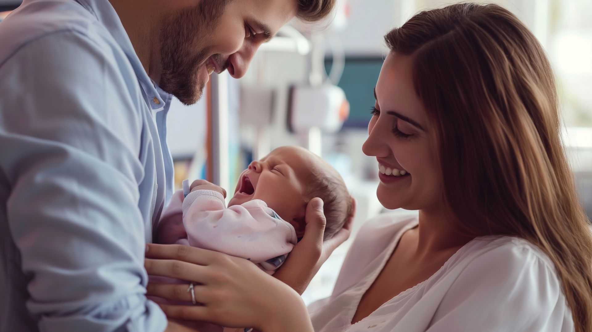 A man and a woman are laying on a bed with a baby.