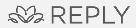 The word reply is written in black and white on a white background.