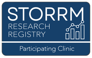 A blue sign that says storm research registry participating clinic