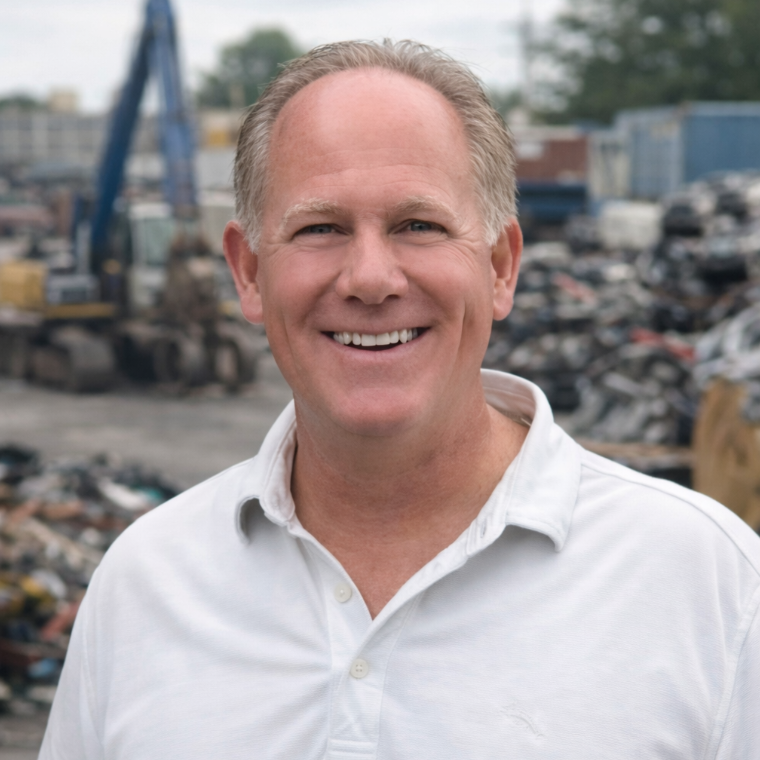 A person with short hair smiling in front of an industrial scrap yard with heavy machinery.
