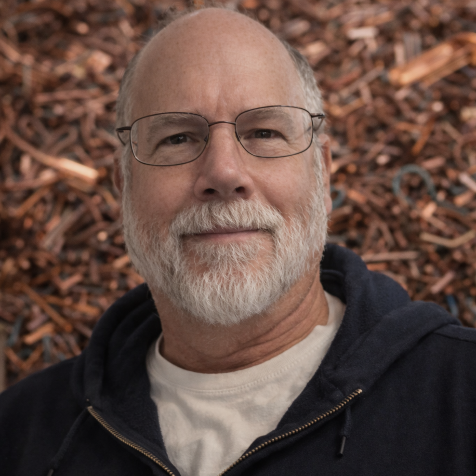 A smiling person with a beard and glasses wears a dark hooded sweatshirt against a background of scattered metal scraps.