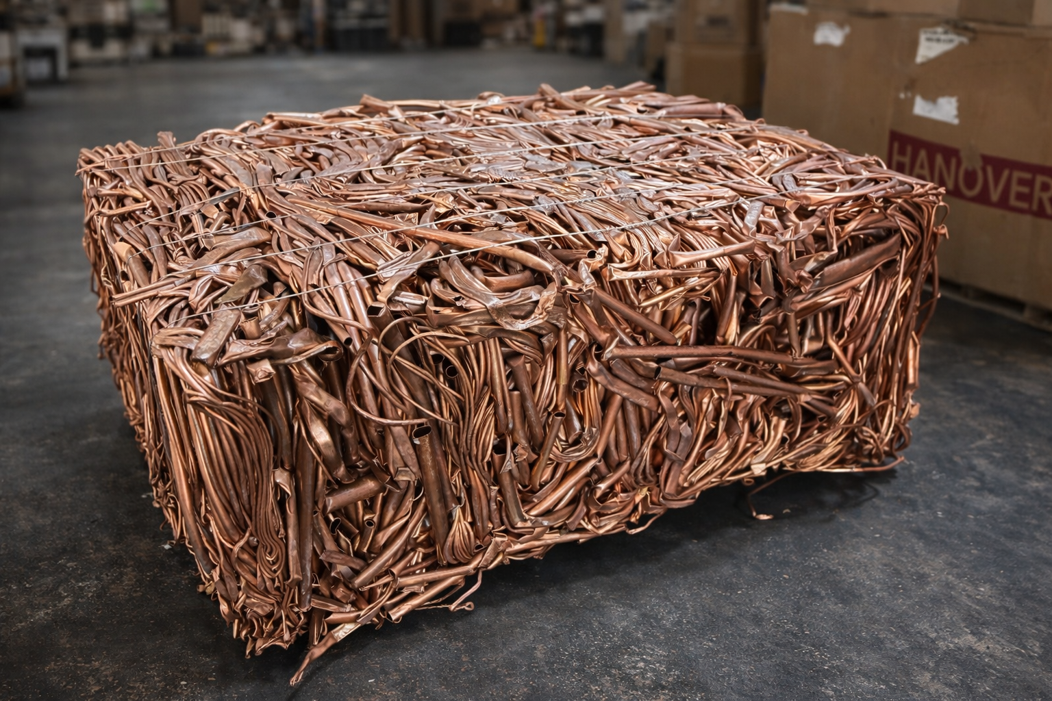 A large, rectangular bale of compressed, shiny copper scrap wire sitting on a dark warehouse floor.
