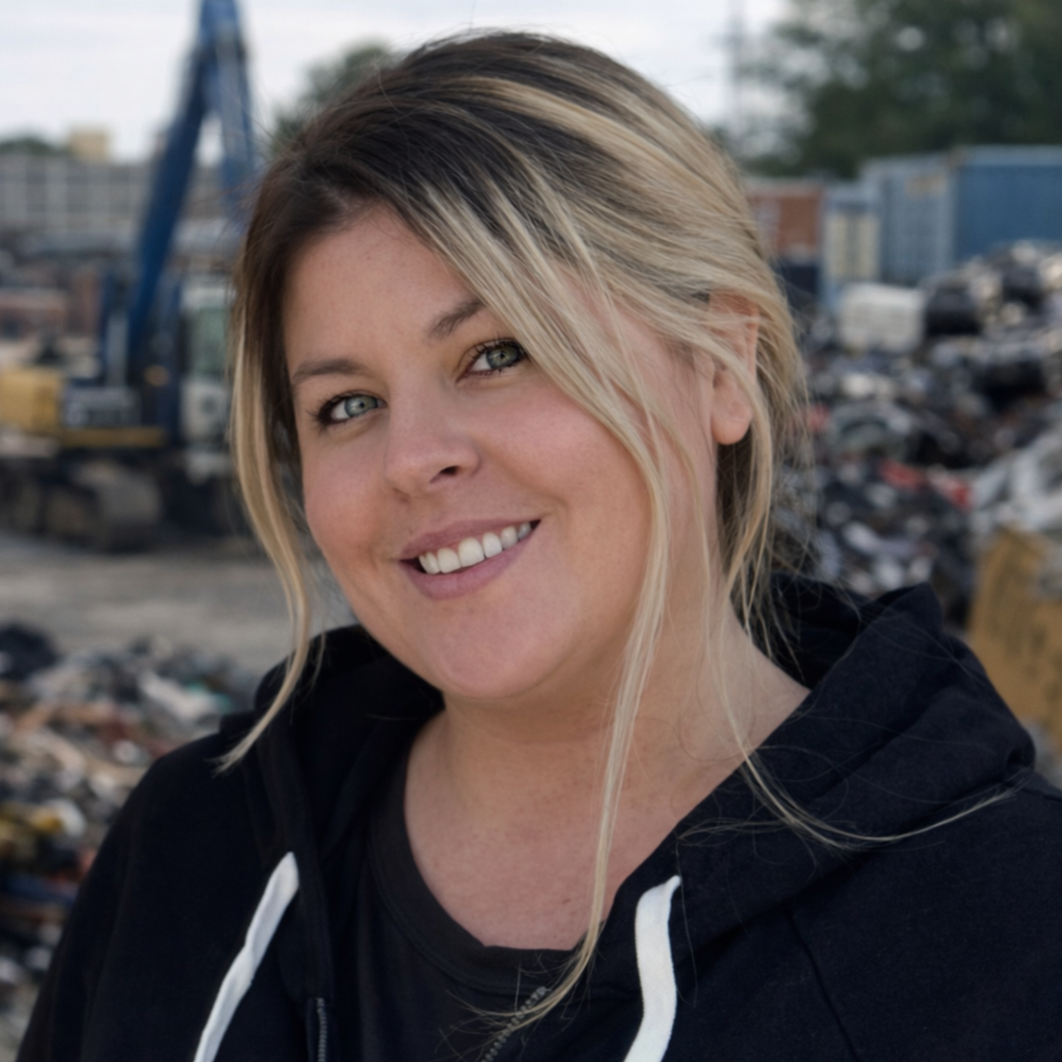 A person with blonde-highlighted hair smiles at the camera, wearing a black hoodie in front of an industrial scrapyard.