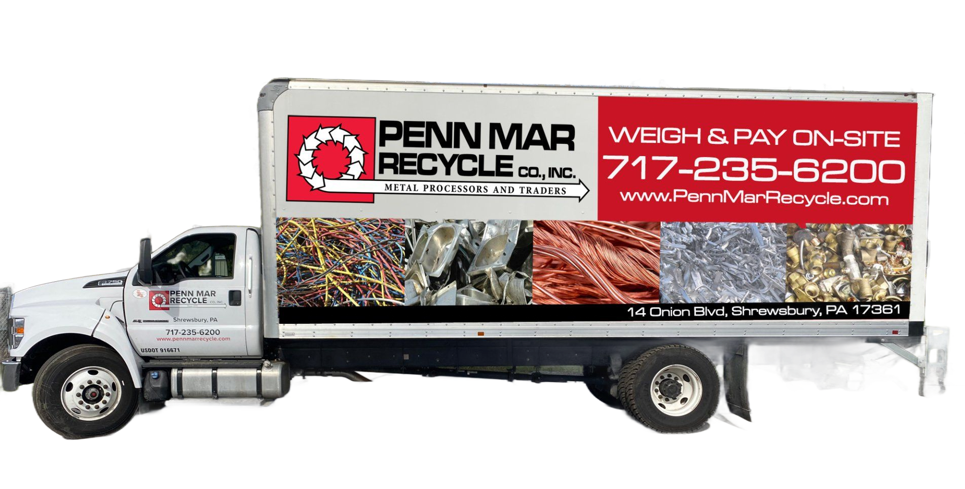 A white Penn Mar Recycle box truck with branded red and white graphics, contact information, and imagery of scrap metal.