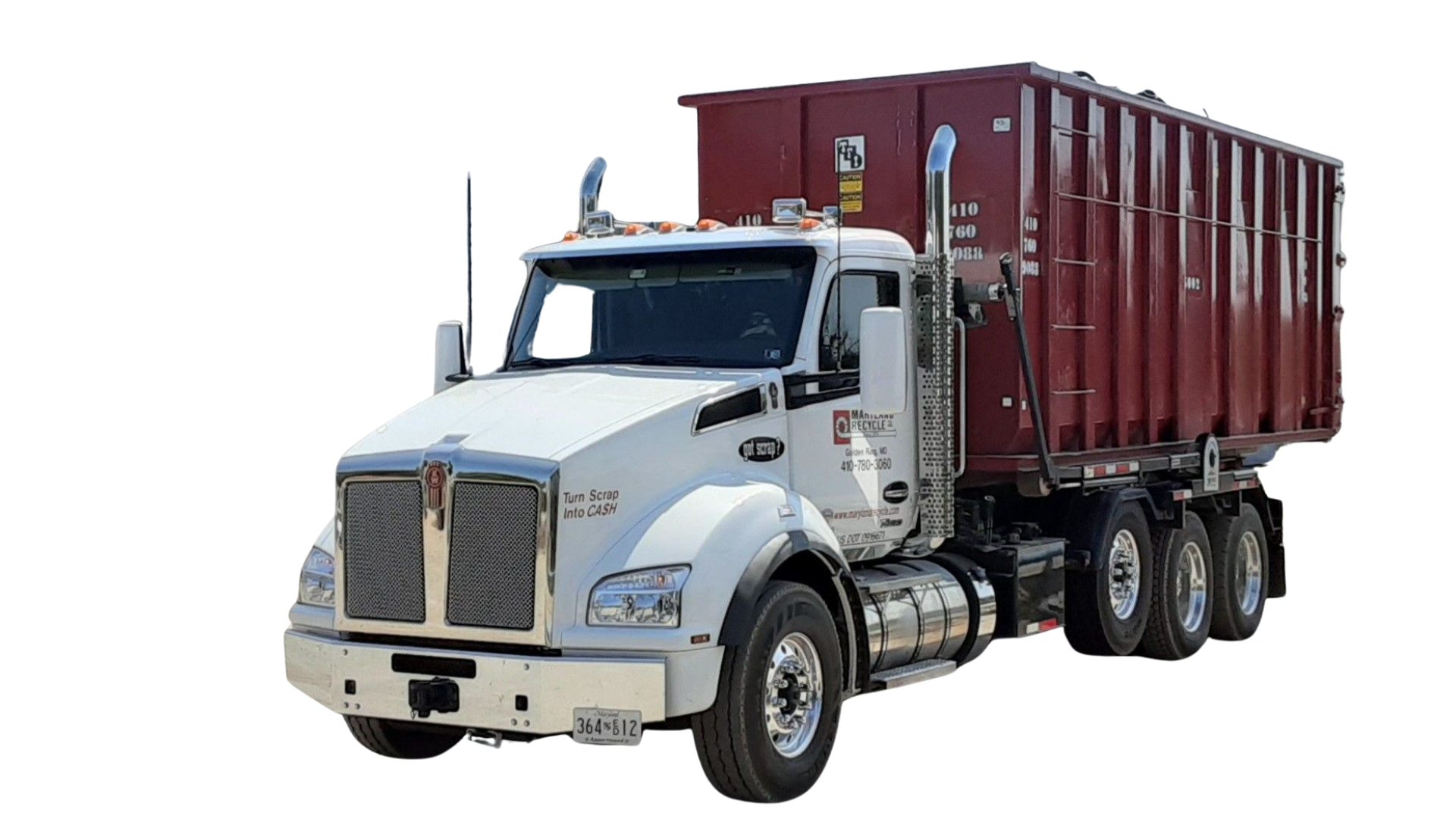 A white Kenworth roll-off truck with a large, maroon container on the back against a white background.