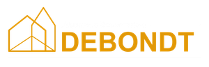 Gouden DEBONDT-logo met een huisomtrek op een witte achtergrond