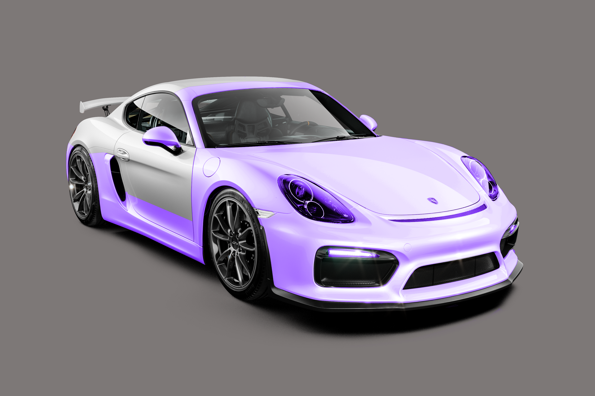 A purple and white sports car on a gray background.
