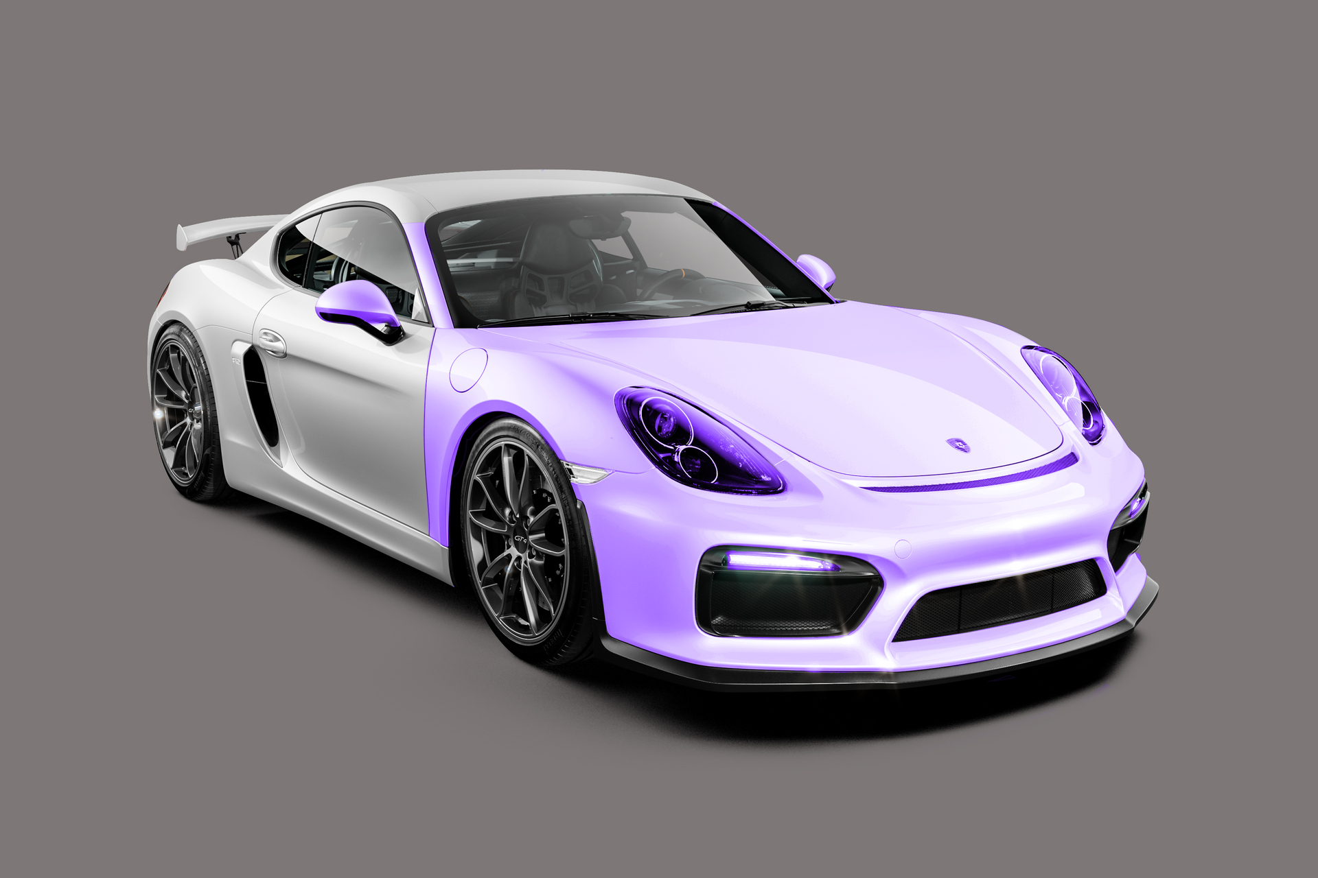 A white and purple porsche 911 gt4 rs with a purple paint job on a gray background.
