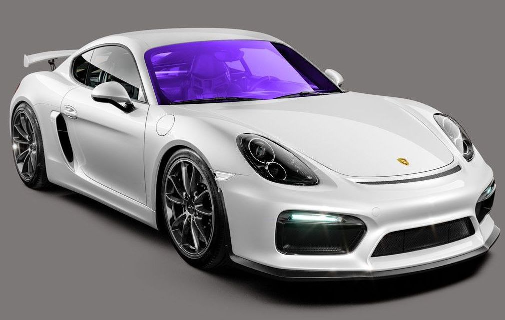 A white sports car with a purple windshield on a gray background.
