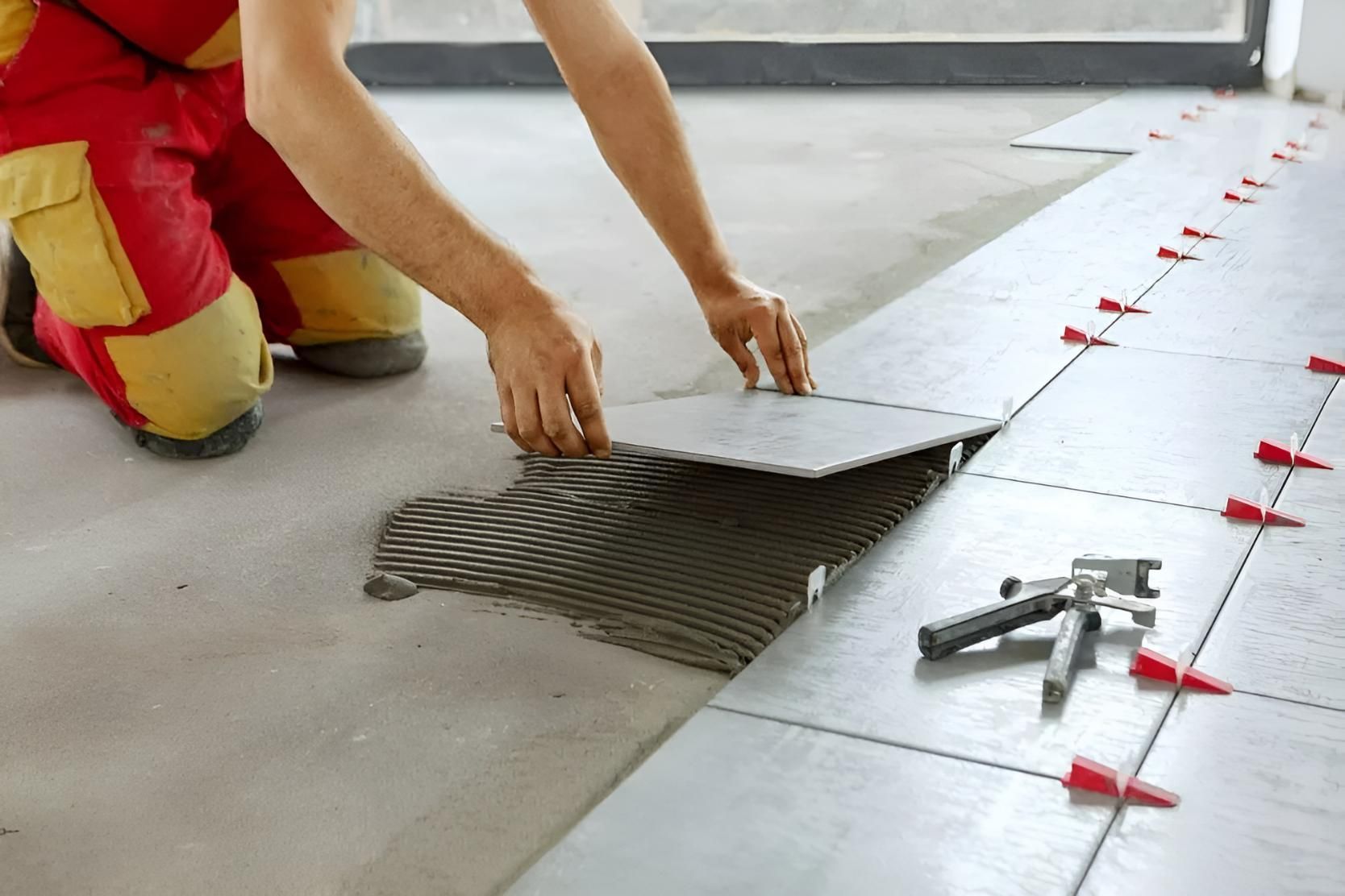 Man is Laying Tiles on a Floor — Wet & Dry Plumbing & Gas in Gatton, QLD