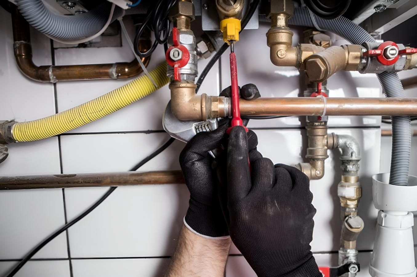 Plumber is Working on a Pipe With a Wrench — Wet & Dry Plumbing & Gas in Newtown, QLD