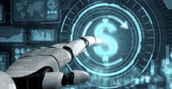 Robot hand touching a glowing dollar sign on a digital screen, suggesting financial technology.